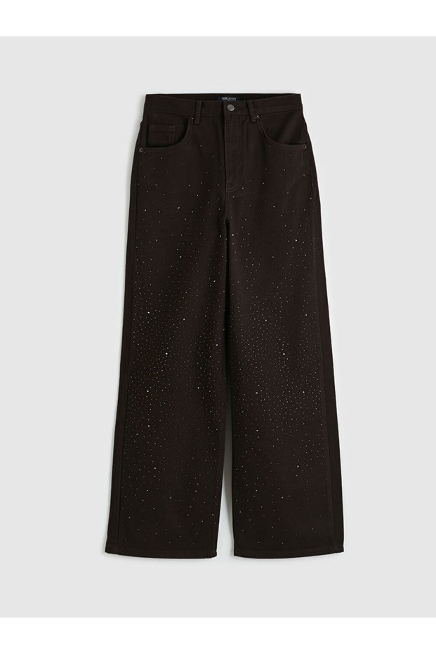 Brown High Waist Wideleg Stoned Women's Jean Trousers
