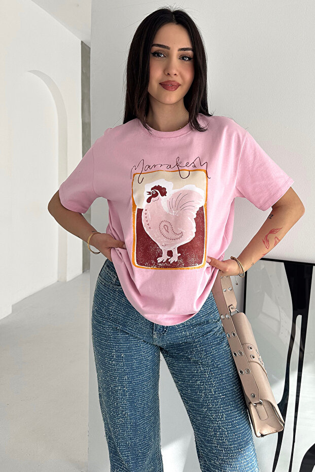 Women's Marrakesh Printed Oversized T-Shirt – Black Chicken Patterned Basic T-Shirt