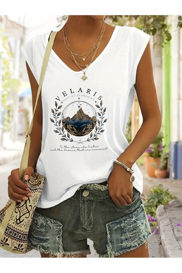 Women's Mix Printed V-Neck Sleeveless Regular Fit Comfortable T-Shirt