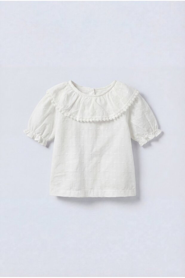 Girl's Cotton Pack White Collar Detail Blouses - with Pompom Stripes