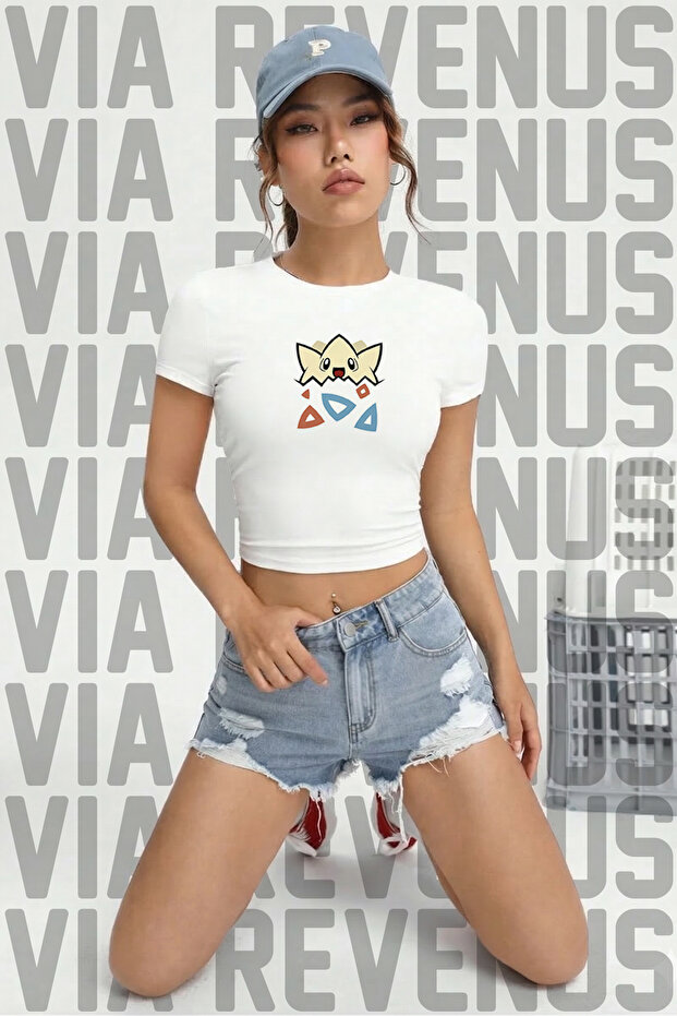 Togepi Printed 100% Cotton Stretch Fabric Slim Fit Short Sleeve Crew Neck Tee Cropped