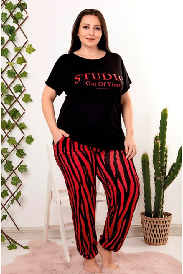 Black Plus Size Short Sleeve Zebra Patterned Pajama Set