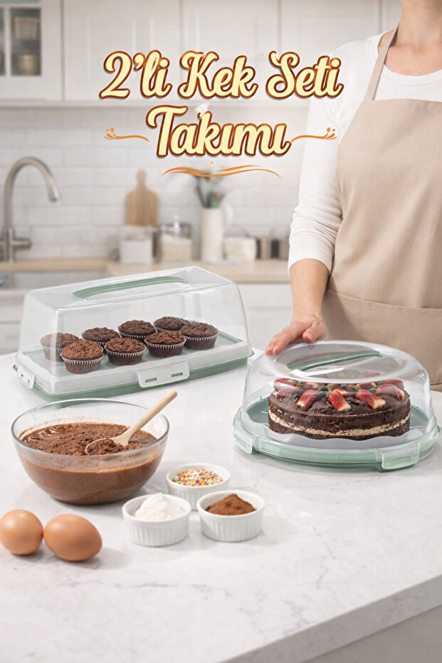 Set of 2 Cake Pastry Storage Container Round Locking Transport Tray Baton Cake Pastry Storage Set