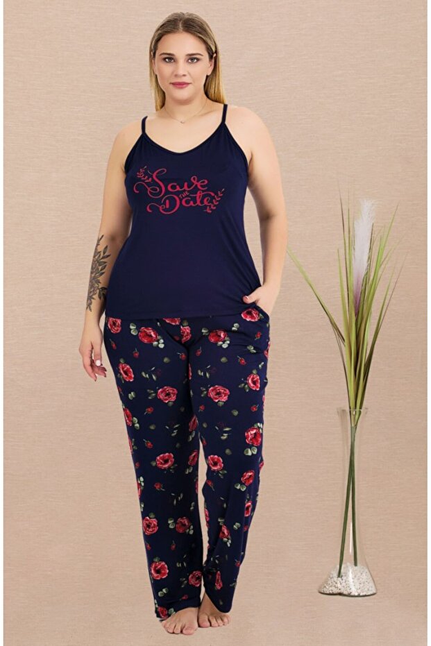 Navy Blue Large Size Strappy Floral Print Pajama Set