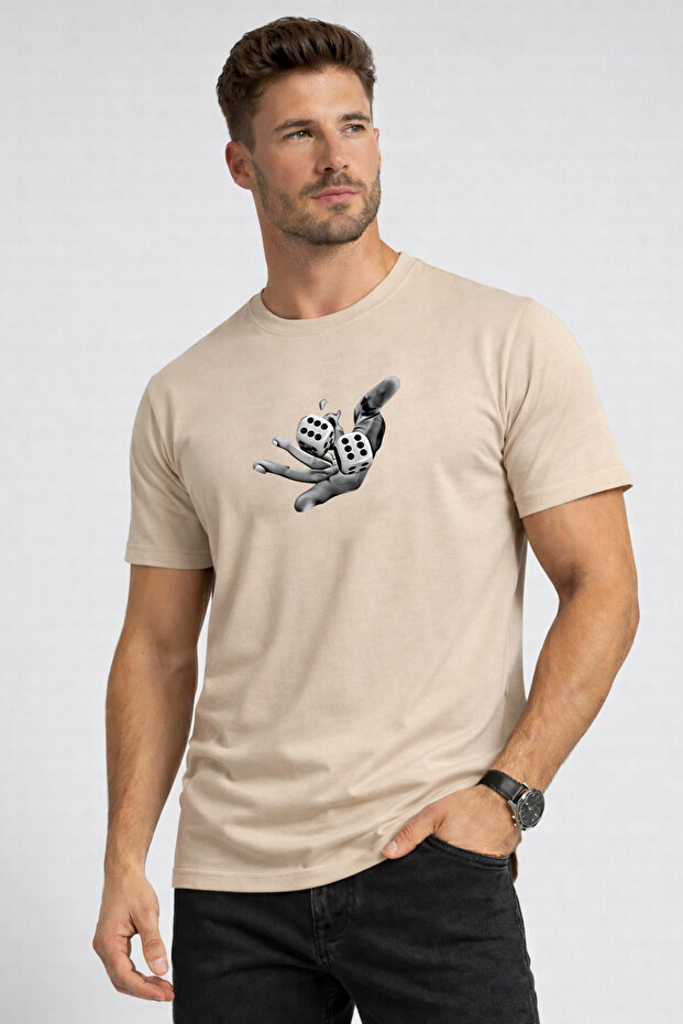 Unisex Beige Elzar Printed Crew Neck T-Shirt