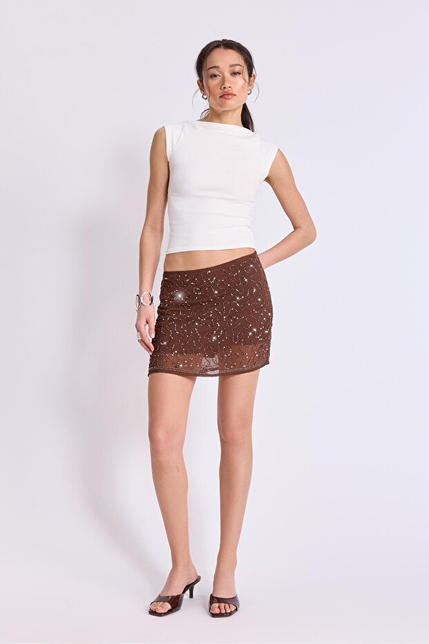Mini işlemeli şort etek - 2
