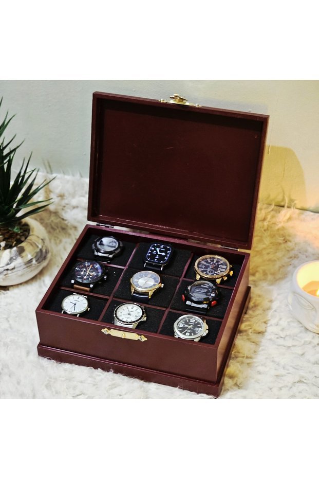 Wooden 9-Compartment Watch Box Decorative Watch Accessory Storage Box Organizer