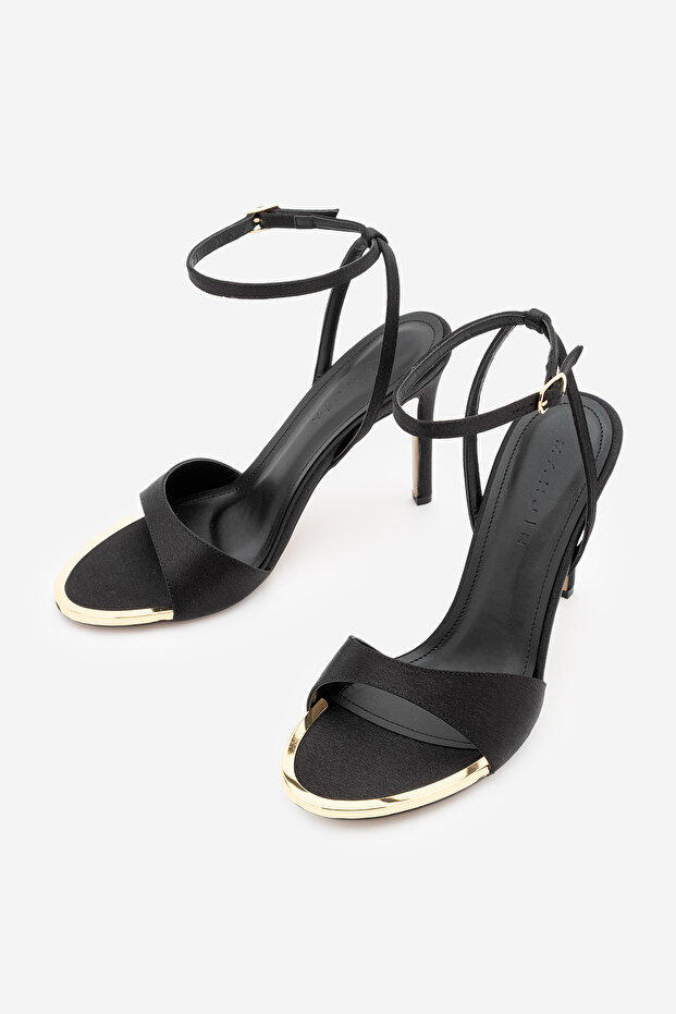 Women's Oval Toe Ankle Strap Gold Metal Frame Classic Heeled Sandals Dospin Black Satin