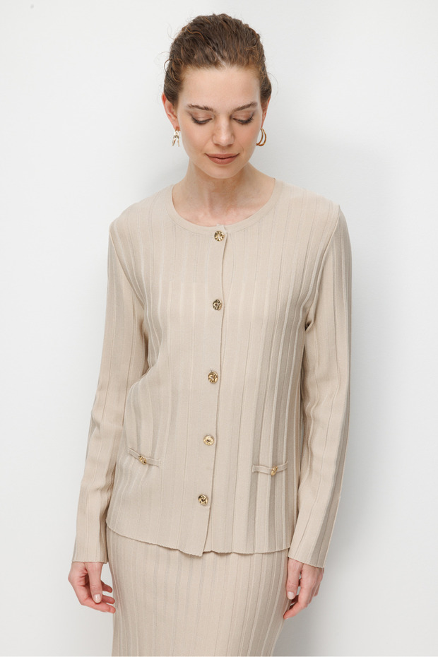 Women's Crew Neck Pleated Short Knitwear Jacket Beige