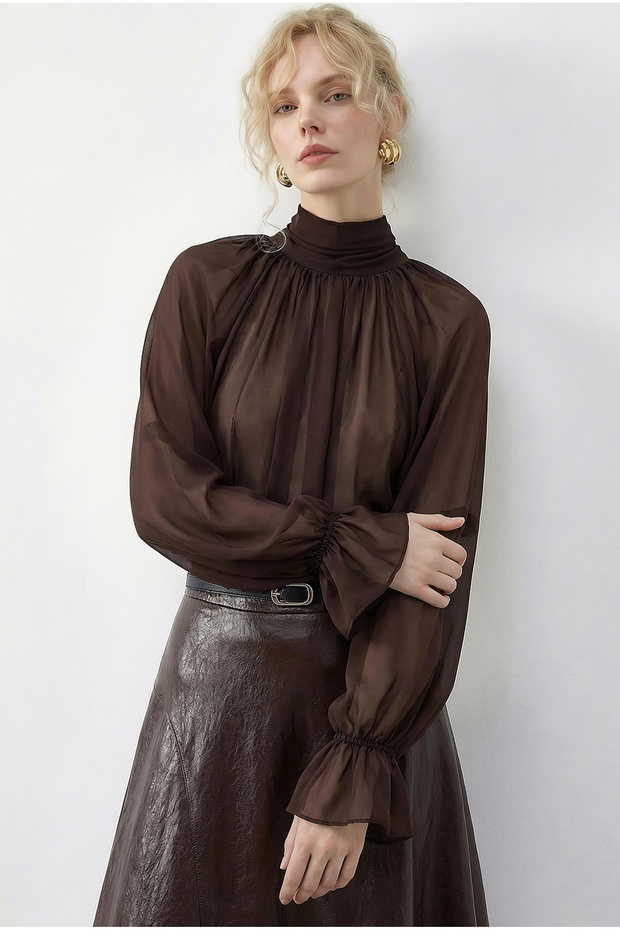 Women's Brown Stand Collar Cape Cut Princess Sleeve Chiffon Blouse 0899 60286017
