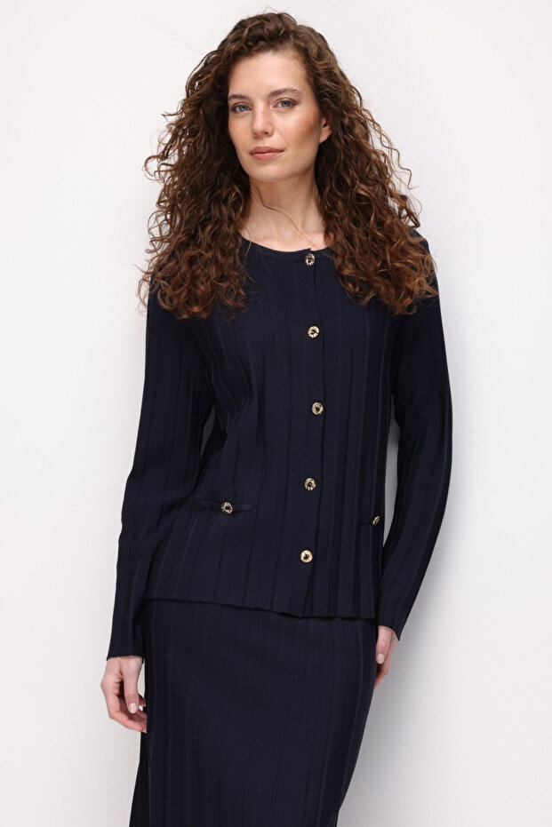 Women's Crew Neck Pleated Short Knitwear Jacket Dark Blue