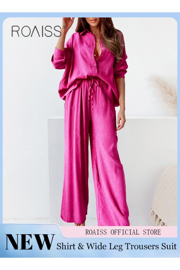 Ladies 2 Piece Suit Comfortable Cotton Linen, for Daily Commute - Shirt and Wide Leg Pants Set with