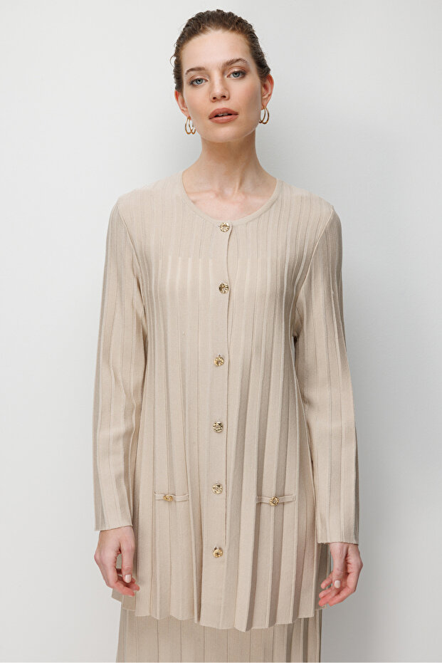 Women's Crew Neck Pleated Long Knitwear Jacket Beige