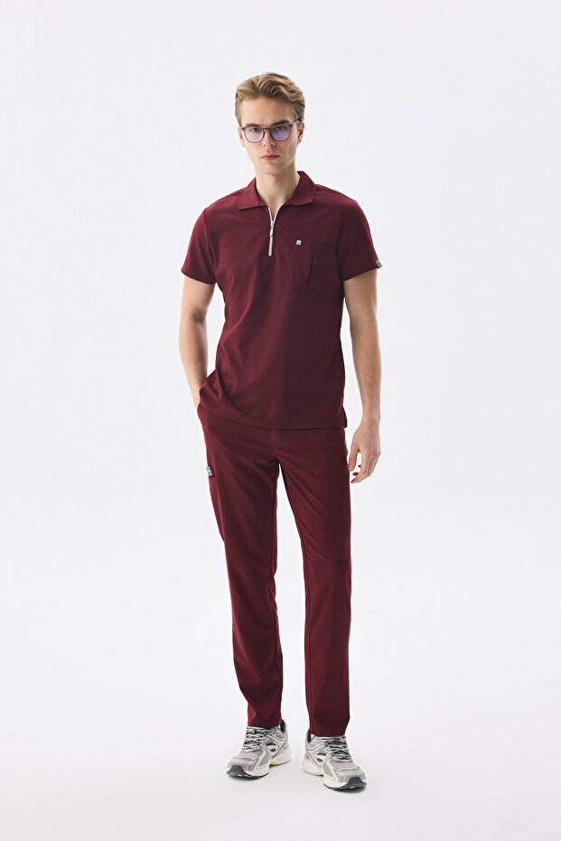 Men's Polo Collar Medical Uniform Set Claret Red Stretch Fabric Doctor Nurse Uniform