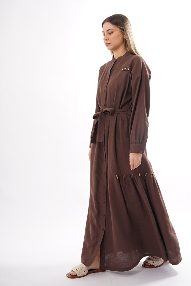 Hakim Yaka Linen Long Dress 703 Brown
