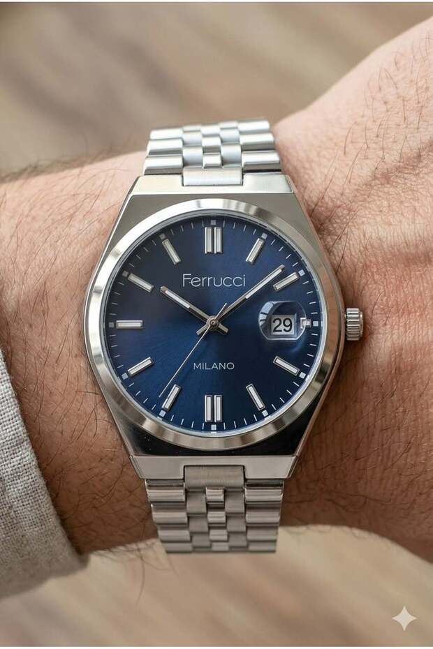 Modern Design Men's Wristwatch | 40mm Steel Case, Silver Metal Band, Navy Blue Dial