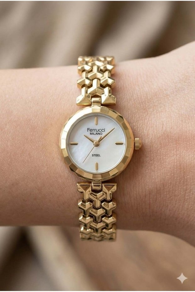 Gold Round Case Women's Wristwatch | 26mm Steel Case, Gold Metal Band, Silver Dial