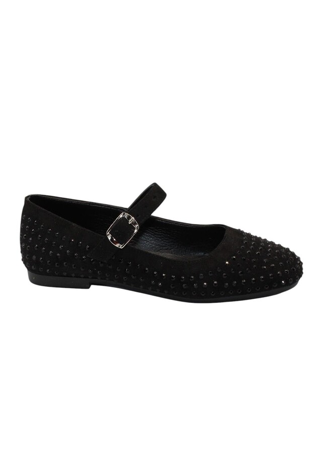 Black Suede Buckle Banded Stone Ballerina Shoes