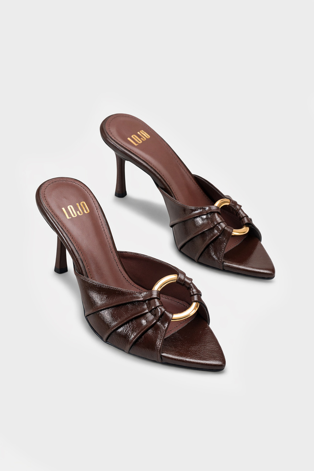 Women's Pointed Toe Gold Buckle Detail Heels Slipper Mias Brown