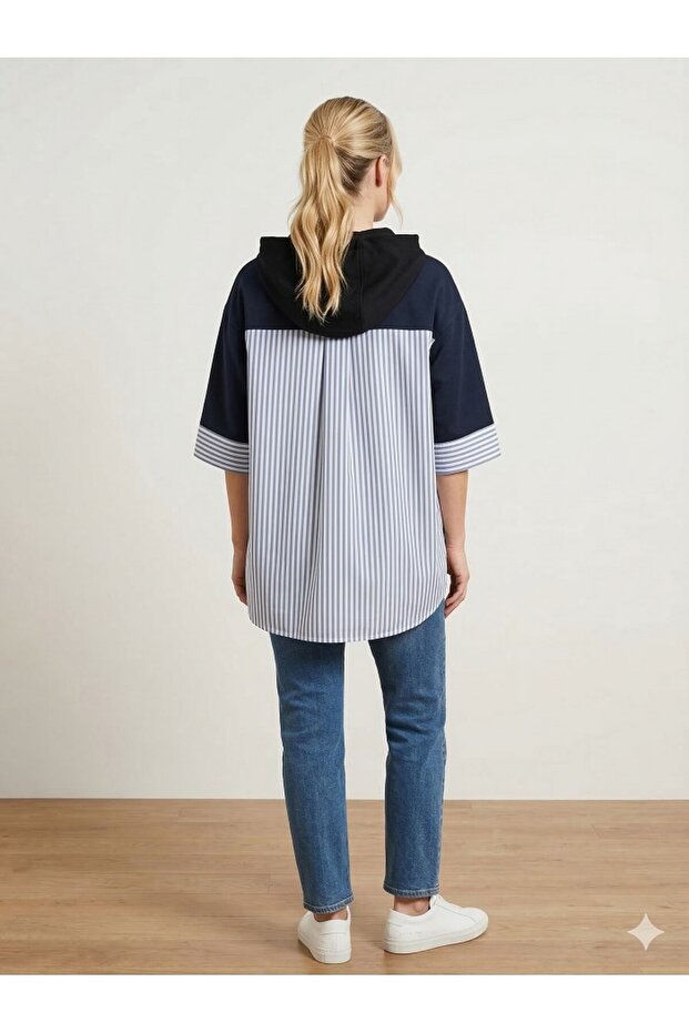 ÇİZGİLİ- ÖRME KAPİŞONLU HAMİLE -OWERSİZE- BLUZ - 2