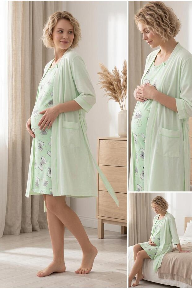 طقم ثوب نوم للحوامل باللون الأخضر النعناعي منقوش C3T6N3O504