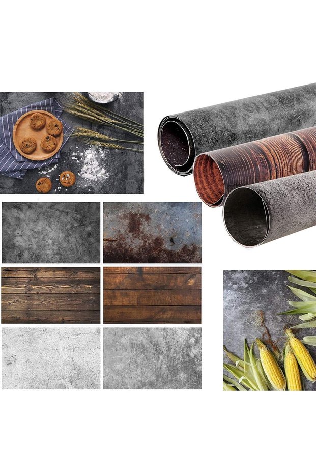 ® 2 in 1 Seamless Backdrop 3pcs Concrete Wood Background Paper Photography Photo for Food Props,