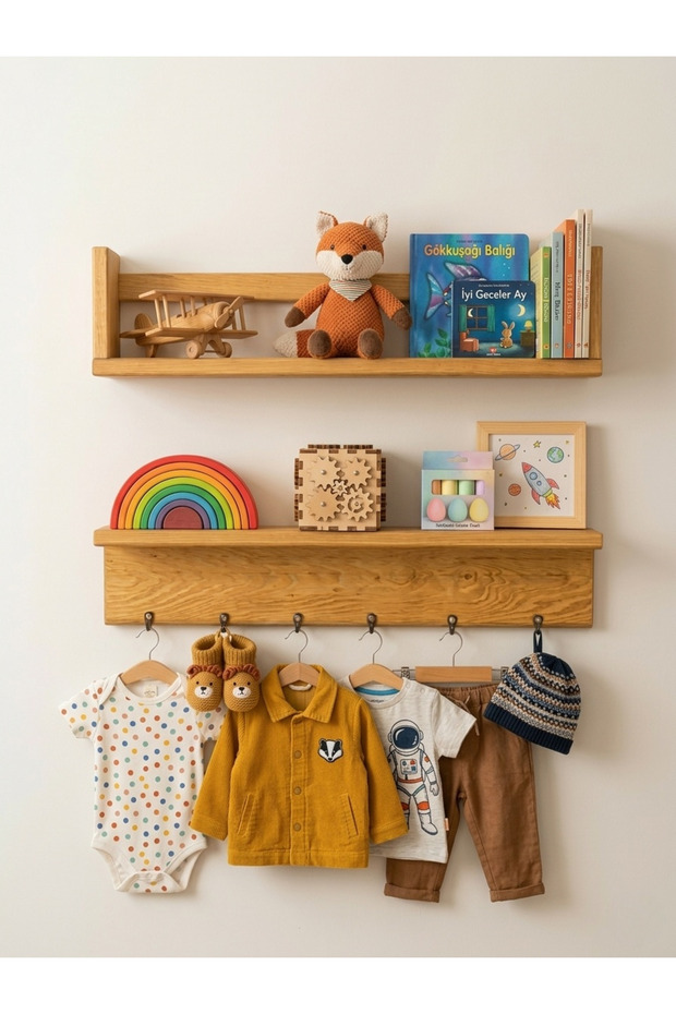 2 Pieces Natural Wood Hanging Rack, Bookshelf Rack Educational Montessori Rack