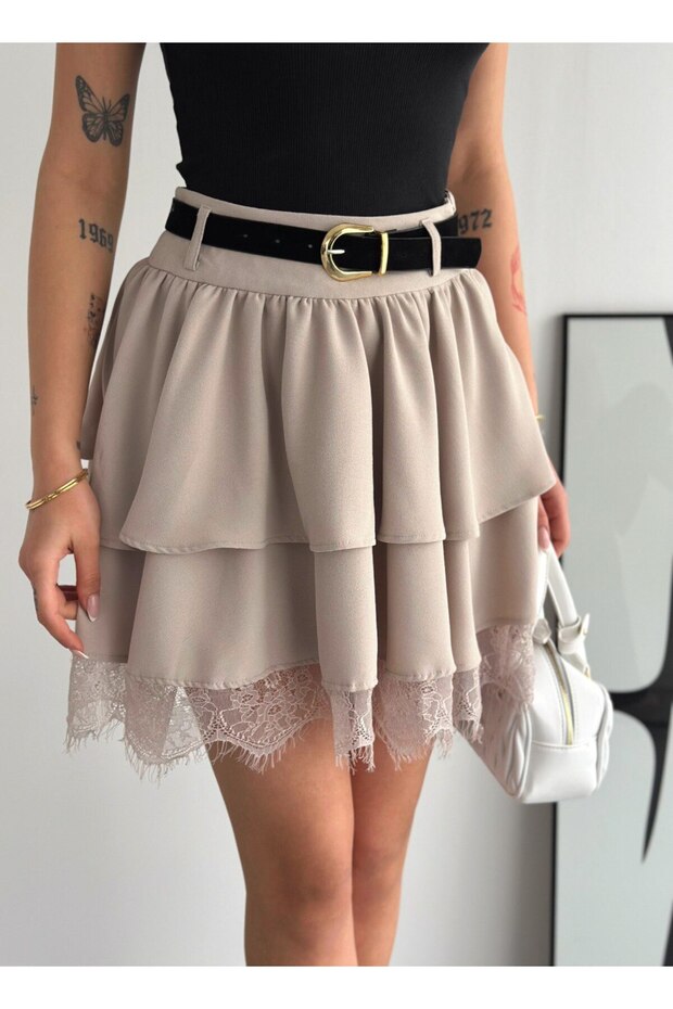 Women's Mini Length Tü Tulle a Lace Waisted Skirt with Belt Volants