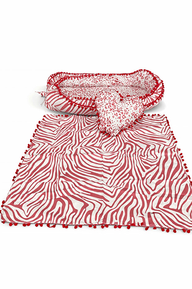 Babynest Mother's Side Baby Bed Set 100% Cotton Cotton Red Pompom Bedding Piqué Blanket and Heart Pillow