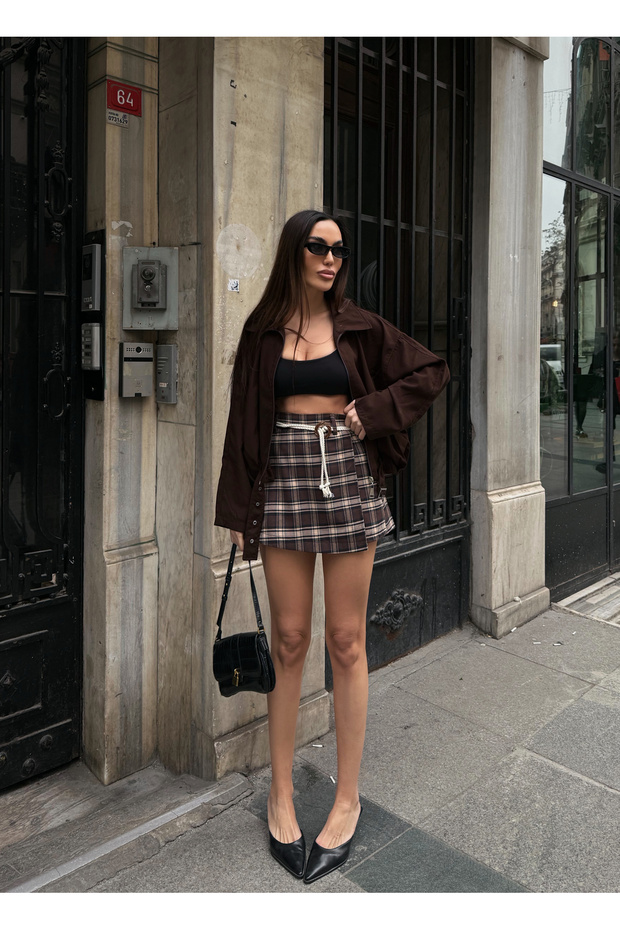 Women's High Waist Plaid Patterned Belt Piece Skirt with Shorts Brown