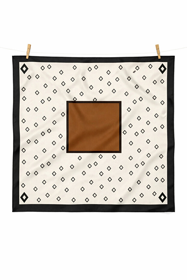 Minimal Patterned Saten Fular 50X50 cm – Beige Brown Stylish Women's Bandana Scarf