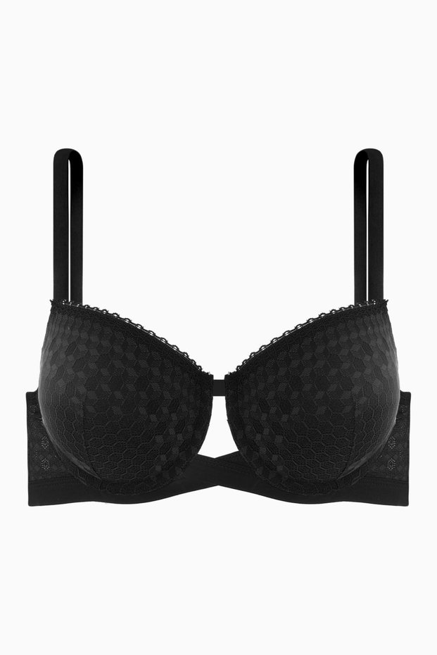 Lace Low-Cut Bra with Cross Rubber Detail - Padded - Fashion - 2511 - Black