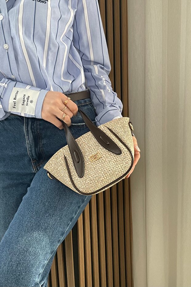 Women's Straw Look Brown Handle Detailed Adjustable Long Strap Handbag and Shoulder Bag