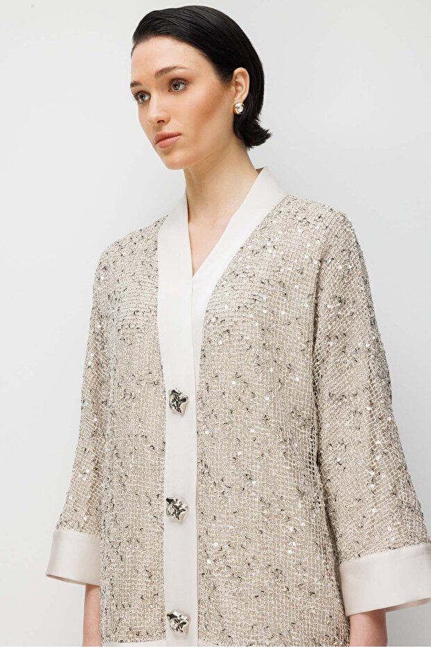 Modailgi Pullu Fileli Oversize Düğme Detaylı Ceket - 40124 Taş - 6