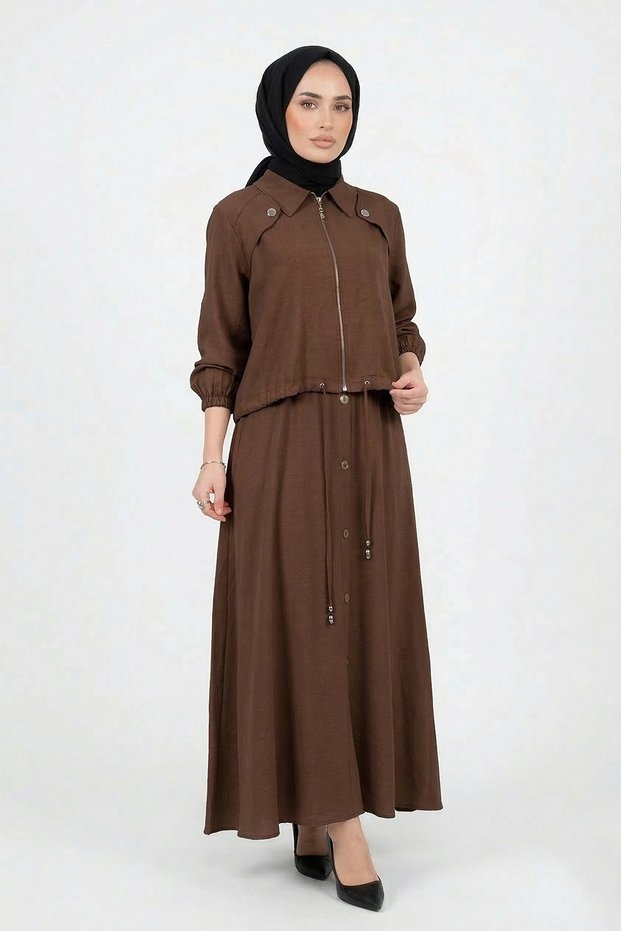 Aller Ve Çıt Çıt Detail Modal Dress with Bolero921 Brown