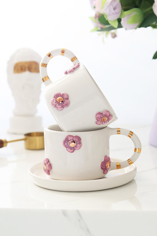 Handmade Set of 2 Flower 24K Gold Decorated Ceramic Cups 120ml