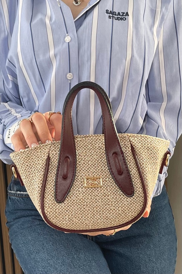 Women's Straw Look Borda Handle Detailed Adjustable Long Strap Handbag and Shoulder Bag
