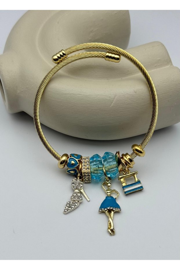 Steel Gold Stone Blue Charm Bracelet with Heeled Shoes Female Figures - 26Blk42
