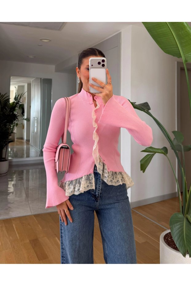 Pink Lace Detailed Design Knitwear Cardigan - Th261017
