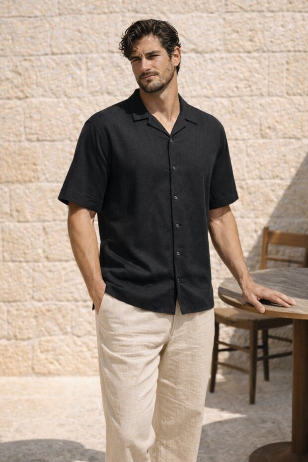 Doris Oversized Kalıp Odessa Kumaş Resort Collar Short Sleeve Men's Shirt - Black