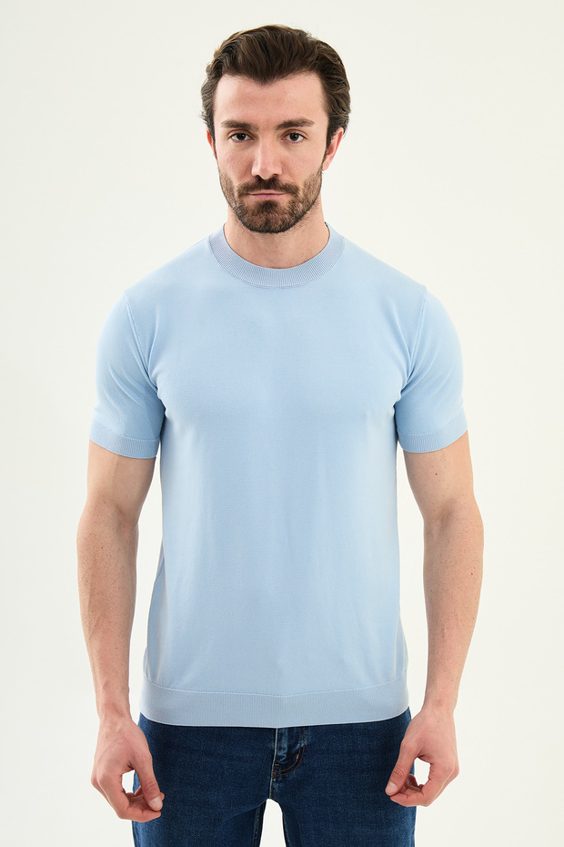 Plain Slim Fit Crew Neck Men's Knitwear T-Shirt Blue - 11583.26Y