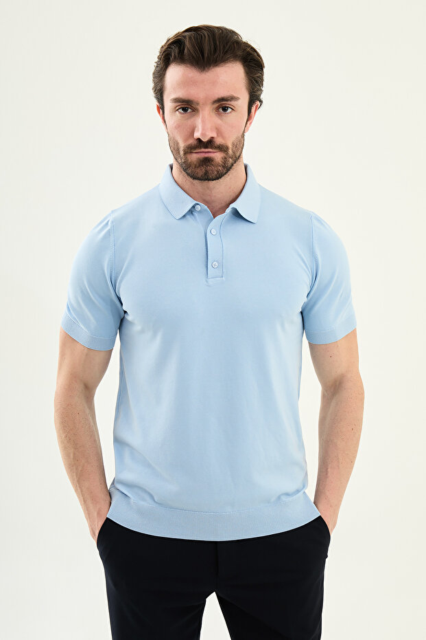 Plain Slim Fit Polo Collar Men's Knitwear T-Shirt Blue - 11581.26Y
