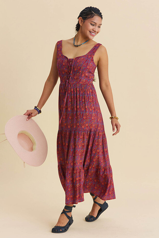 Geniş Yaka Ön Bağcıklı Uzun Elbise - 5