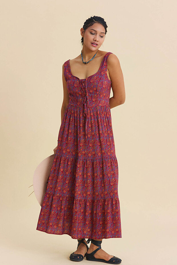 Geniş Yaka Ön Bağcıklı Uzun Elbise - 6