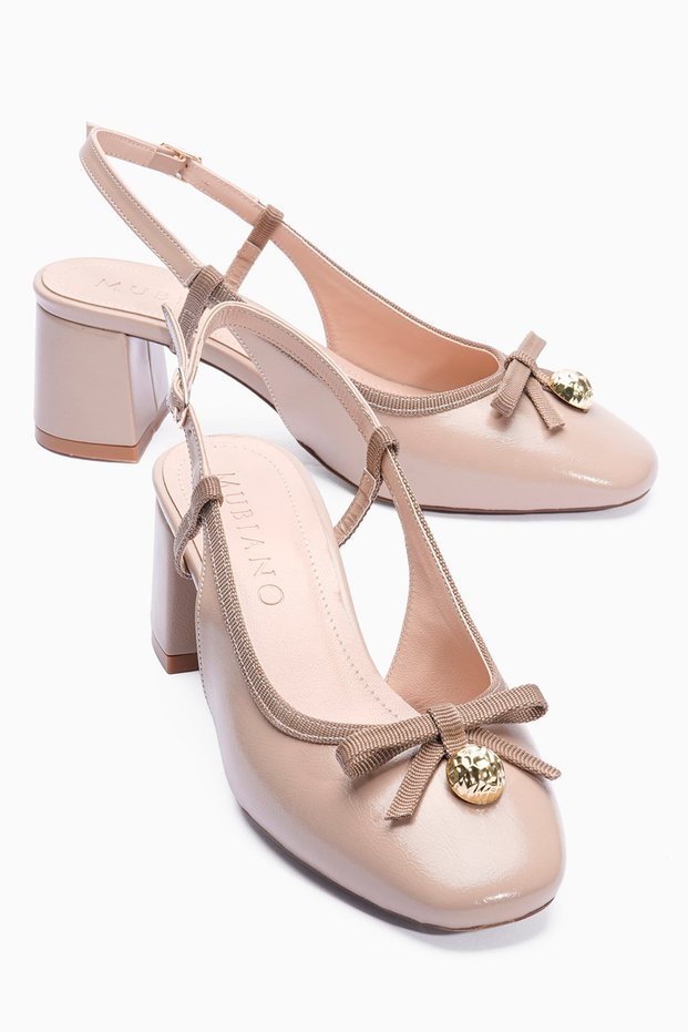 Women's Heeled Shoes Bowknot Gold Detailed Open Back Olina Beige