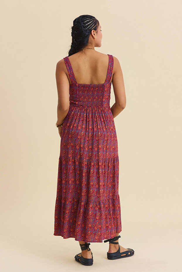 Geniş Yaka Ön Bağcıklı Uzun Elbise - 4