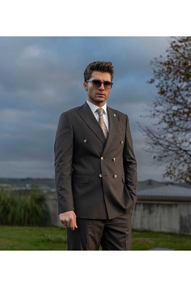 New Season K Double-Breasted Cut-Out Double Slit Self-Stripe Men's Suit