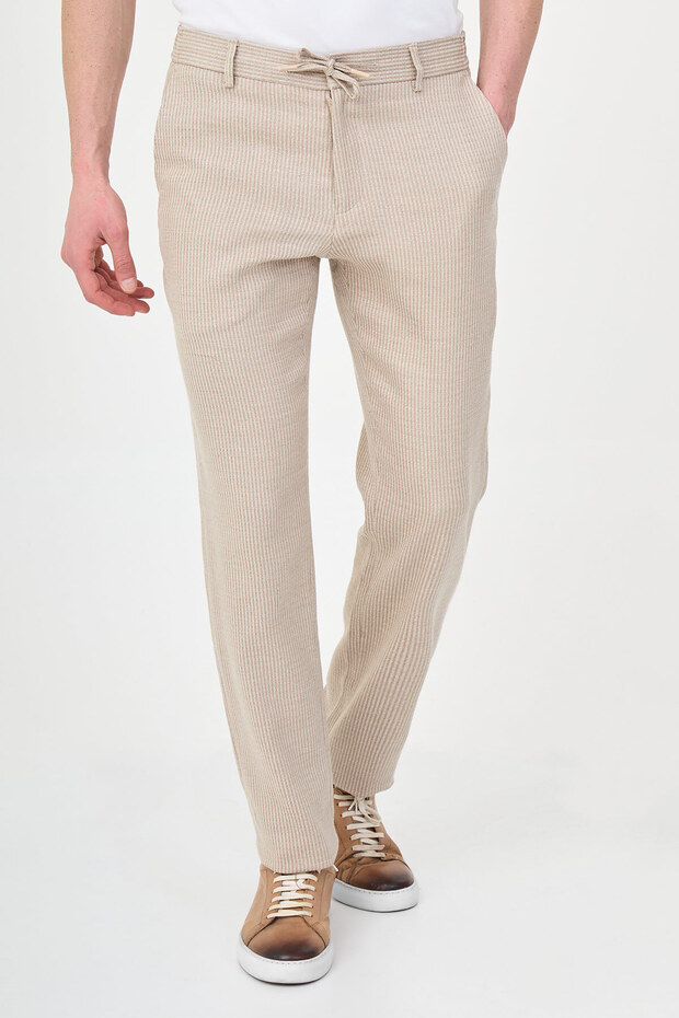 Striped Slim Fit Men's Trousers with Drawstring and Elastic Waist Beige - 38366.26Y