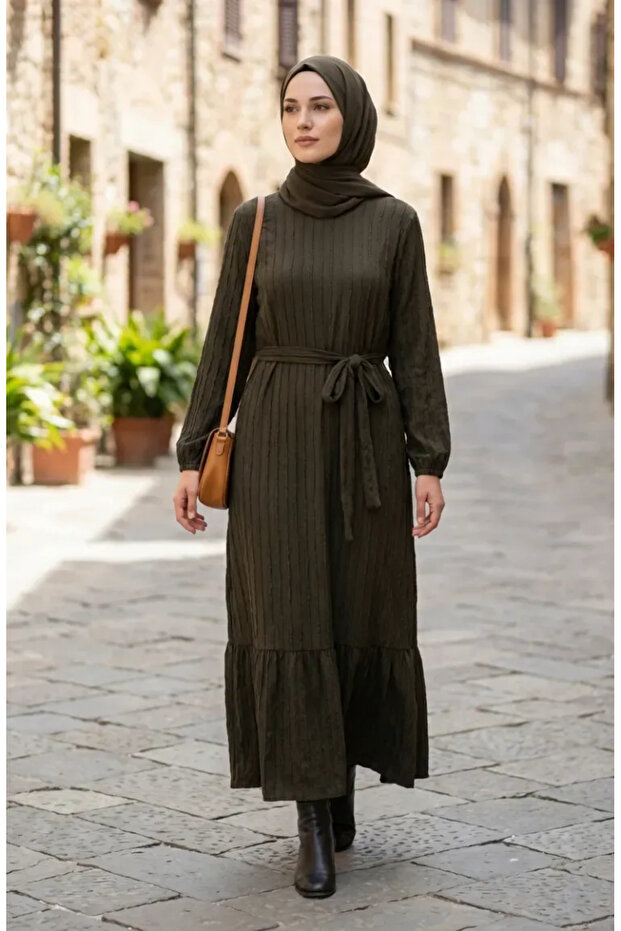Ruched Textured Belted Dress 2242-03 Khaki