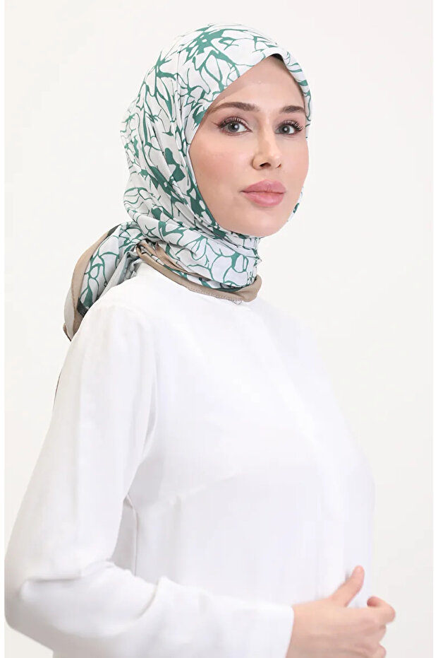 منقوش وشاح ناعم 70249-02 بيج أخضر